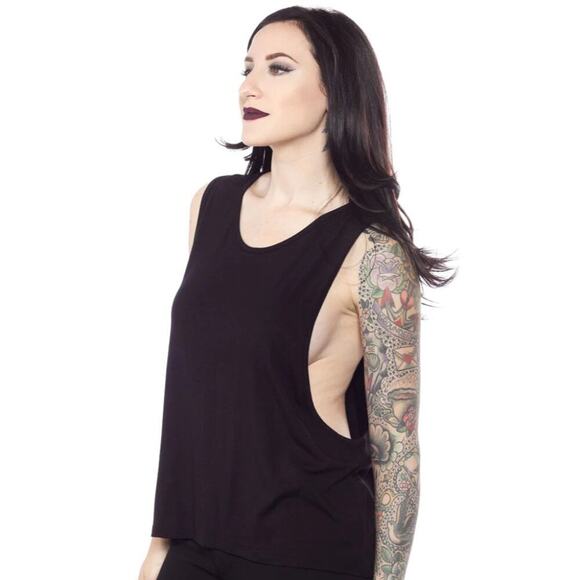 ♥ 528 ♥ (S) BLACK AND GREIGE Obvia Low Side Tank Top - Picture 3 of 4